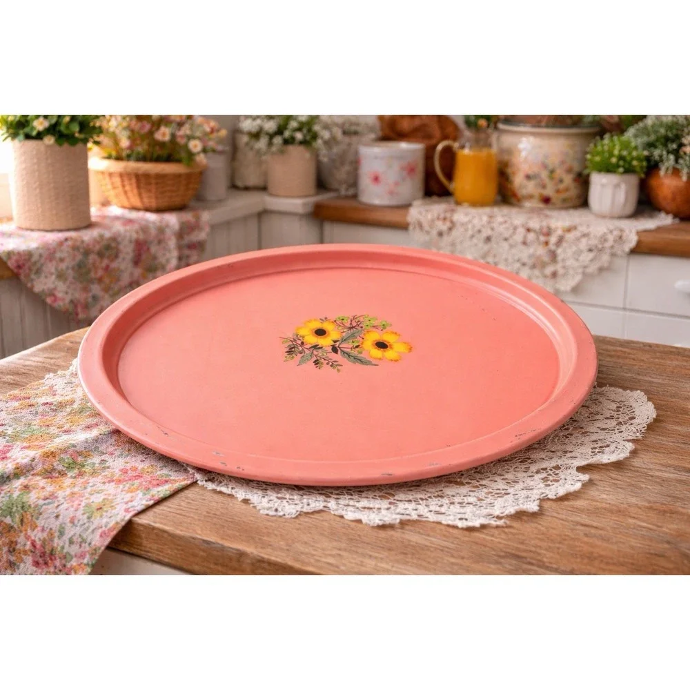 Vintage floral daisy coral pink yellow flowers 70's large oval 18x14.5